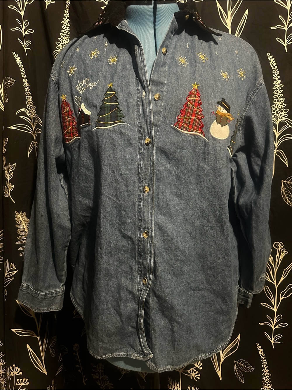 Embroidered Blue Denim Jean Jacket with Holiday Motifs